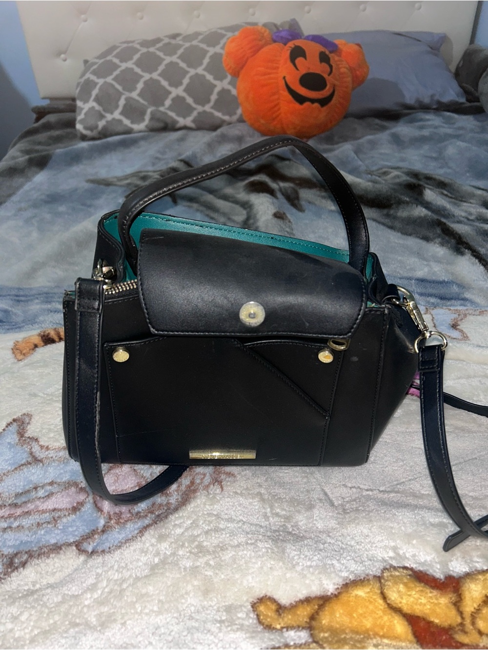 Black Women's Top-Handle Crossbody Bag with Teal Interior